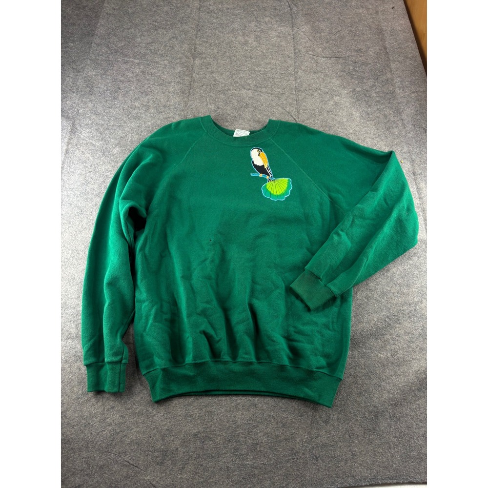 VTG Hanes Green Tropical Bird Toucan Parrot Sweatshirt XL Pullover 90s SEE